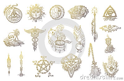 Halloween symbols set. Magic occult and alchemical. Witchcraft graphic kit. Hand drawn sketch vector illustration. Vector Illustration
