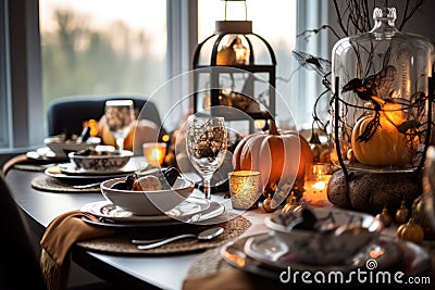 Halloween table setting with pumpkins decor Stock Photo