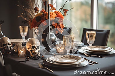 Halloween table setting with pumpkins and skulls Stock Photo