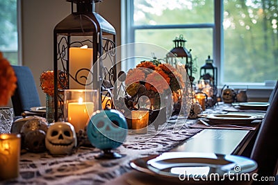 Halloween table setting with pumpkins and skulls Stock Photo