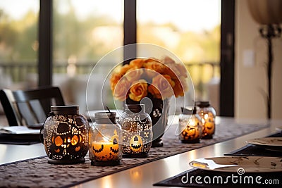 Halloween table setting with pumpkins and skulls Stock Photo