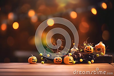 Halloween Table Top: Decorations, Enchanting Bokeh, and Haunting Background Stock Photo