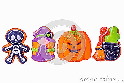 Halloween tasty gingerbread cookies isolated. Sweets in the form of a witch, a skeleton, a pumpkin Stock Photo