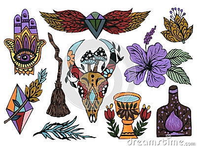 Halloween Tattoo cartoon old school style watercolor bohemian gypsy buffalo horn elements For wrapping paper, cards, posters, Stock Photo