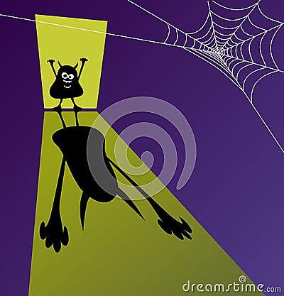 Halloween template with little zombie casting huge scary shadow. Vector Illustration