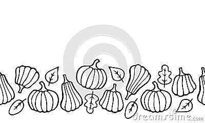 Halloween and Thanksgiving horizontal seamless pattern. Black doodle outline pumpkins and leaves for wrapping scrapbooking paper Cartoon Illustration