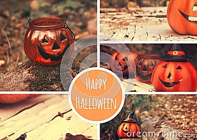 Halloween theme collage with funny pumpkins. Greeting card, party flyer design Stock Photo
