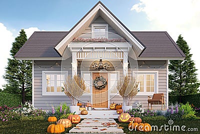 Halloween theme concept, Front of a small country house decorated with pumpkin heads on green lawn 3d render Stock Photo