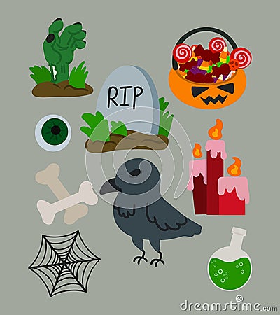 Halloween themed collection. Crow candles candy bag tombstone hand zombie bones cobweb eye potion bottle. Vector Vector Illustration