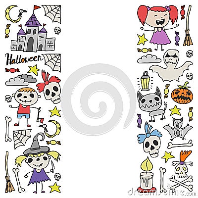 Halloween themed doodle set. Traditional and popular symbols - carved pumpkin, party costumes, witches, ghosts, monsters Vector Illustration