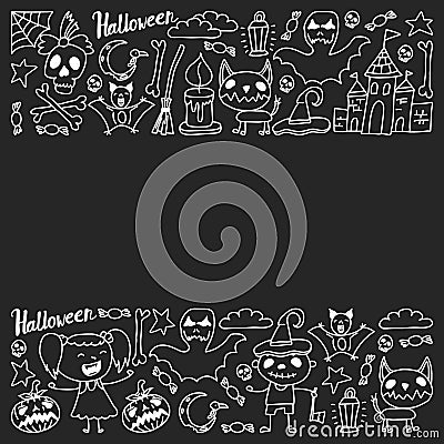 Halloween themed doodle set. Traditional and popular symbols - carved pumpkin, party costumes, witches, ghosts, monsters Vector Illustration