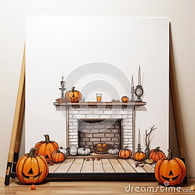 Halloween-themed Fireplace Illustration With Pumpkins And Whitewall Stock Photo