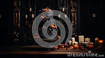 halloween themed wedding cake with red, orange and black flowers Cartoon Illustration