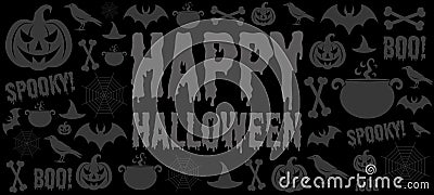 Happy halloween banner. Black halloween background with pumpkin, bat, bones, crow, caldron. Halloween theme. Vector Illustration
