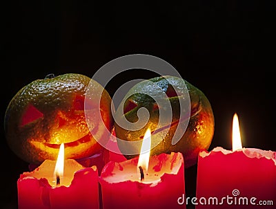 Halloween themes, masks, ornaments, figurines, candles, and designs Stock Photo