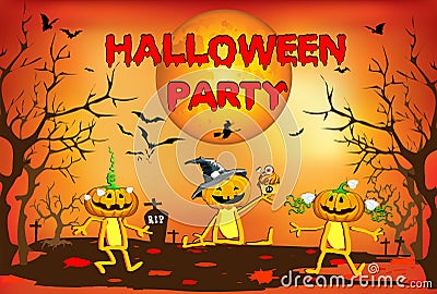 Halloween, three pumpkins funny, children's illustration on an orange background Vector Illustration