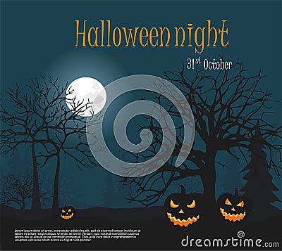 Halloween. Three Scary halloween pumpkin of the night forest background. Vector Illustration