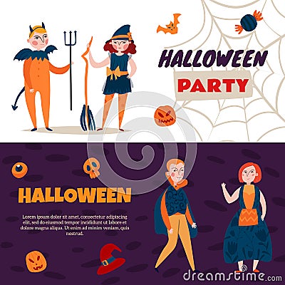 Halloween Time Kids Banners Vector Illustration