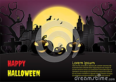 Halloween town background with pumpkin and full moon. Vector illustration Vector Illustration