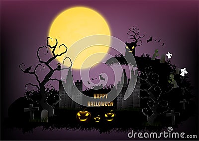 Halloween town background with pumpkin and full moon. Vector illustration Vector Illustration