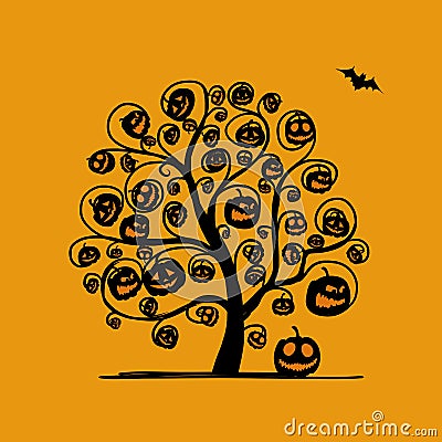 Halloween tree with pumpkins, sketch for your Vector Illustration