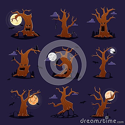 Halloween tree vector scary character treetops of horror in spooky forest illustration set of forestry wood or evil oak Vector Illustration