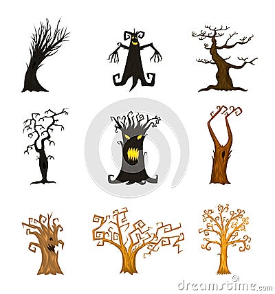 Halloween trees, creepy or scary and frightening branches. fabulous mythical or fantastic monsters. wooden creatures in Vector Illustration