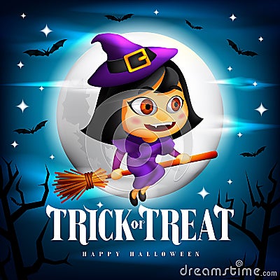 Halloween Trick or Treat Background and Cute Flying Witch Character on her Broom in the Midnight with Flying Bats. Vector Vector Illustration