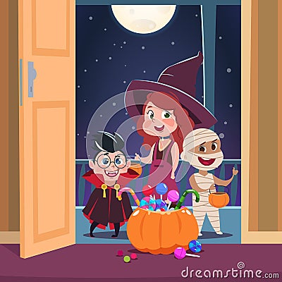 Halloween trick or treat background. Kids in halloween costumes with candies in doorway. Spooky october holliday vector Vector Illustration