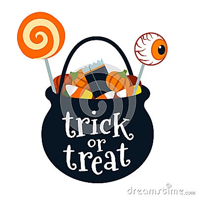 Halloween trick or treat black cauldron bucket full of candy vector cartoon illustration isolated on white. Lollipops, candy corn Vector Illustration