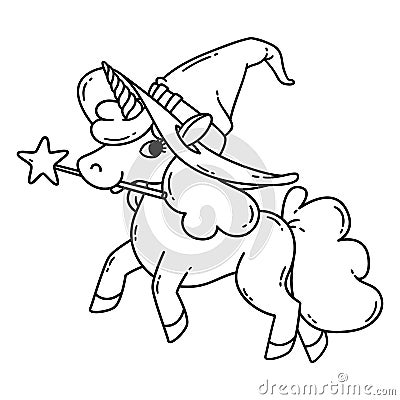 Halloween unicorn with magic wand and witch hat Cartoon Illustration