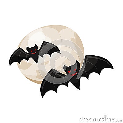 Halloween vampire bats and a full moon. Halloween icon isolated on white background Vector Illustration