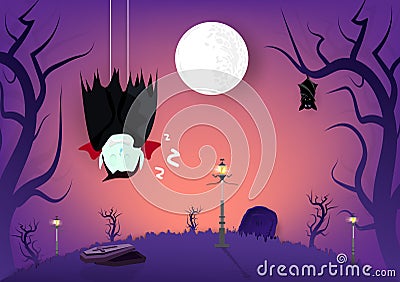 Halloween, vampire and bats sleeping in graveyard dark forest cartoon puppet characters, invitation poster card abstract Vector Illustration