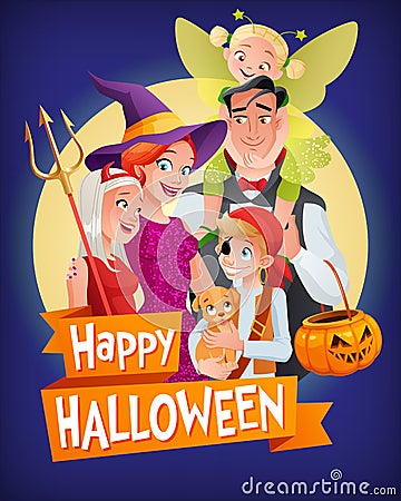 Halloween vampire, witch, devil, pirate, fairy. Vector family with text. Vector Illustration