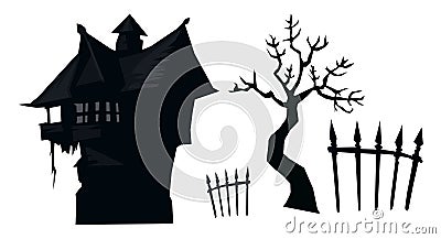 Halloween vector art of horror tree, house and gate .Halloween illustrations Vector Illustration