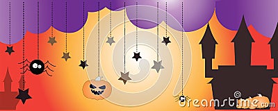 Halloween vector banner - pumpkins, scary spider, castle and stars Vector Illustration