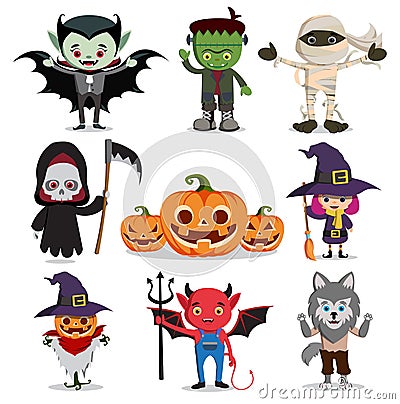 Halloween vector characters set. Flat scary cartoon horror elements Vector Illustration