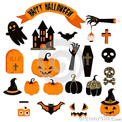 Halloween vector clipart set. Spooky pumpkin icons. Vector Illustration