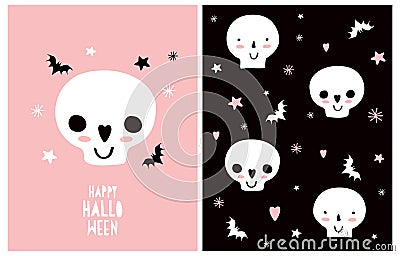 Hand Drawn Illustration with Funny White Skull and Black Flying Bats Isolated on a Pink Background. Vector Illustration