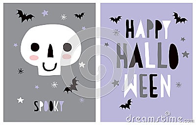 Halloween Vector Decoration for Little Kids. Hand Drawn Illustration with Funny White Skull and Flying Bats. Vector Illustration