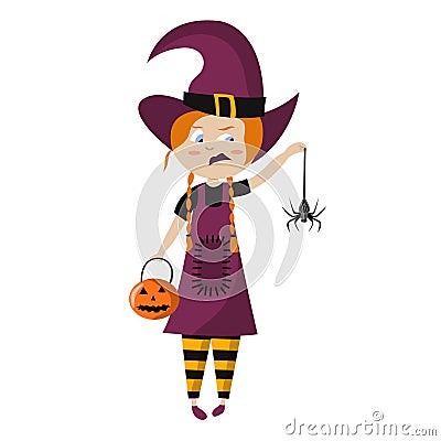 Halloween vector illustration of girl in witch costume with red hair holding pumpkin and spider. Emotion of disgust on Vector Illustration