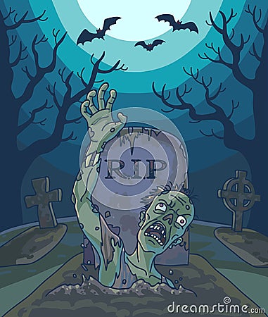 Halloween vector illustration with spooky zombie dead man, moon and grave. Vector Illustration