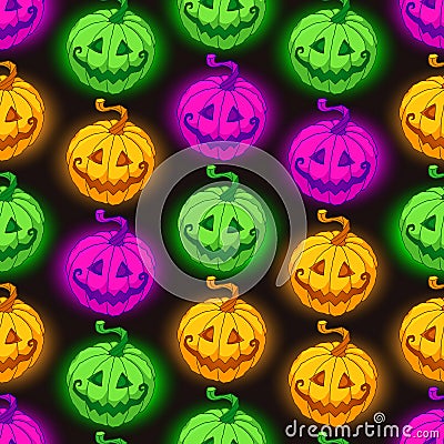 Halloween vector pattern seamless background with cute smiling glowing pumpkins Vector Illustration