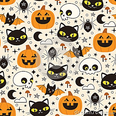 Halloween pattern with cute funny charecters Vector Illustration