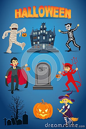 Halloween vector set with kids dressed in halloween costume Vector Illustration