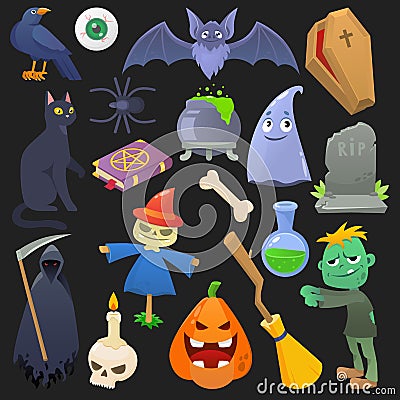 Halloween vector spooky pumpkin scary ghost cat or horror zombie illustration set of cartoon spider skull and bat Vector Illustration