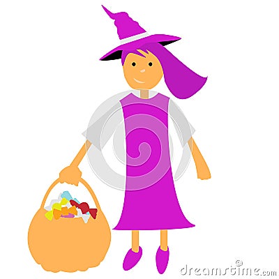 Halloween vector witch with a basket and green dress Vector Illustration