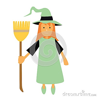 Halloween vector witch with a broom and green dress orange hair and a green witch hat Vector Illustration