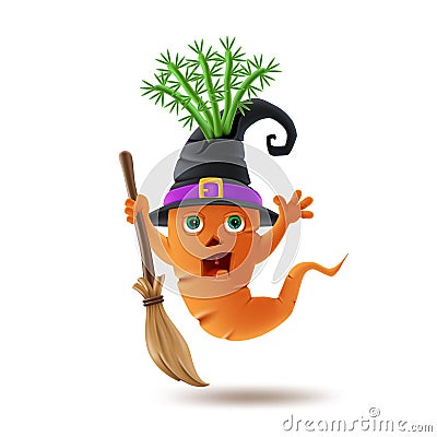 Halloween vegetables. Cartoon carrot monster wearing hat and broom Vector Illustration