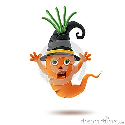 Halloween vegetables. Cartoon carrot monster wearing hata Vector Illustration